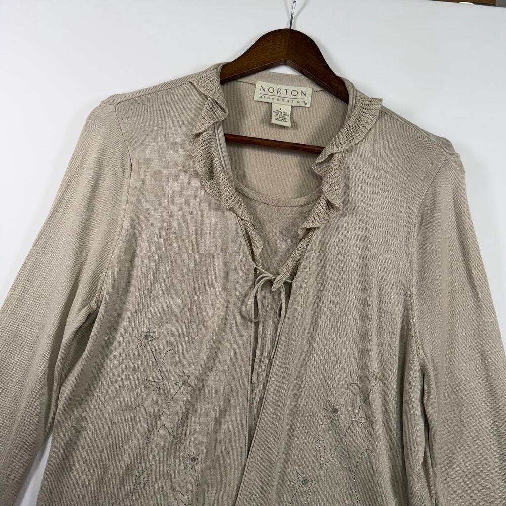VTG Norton McNaughton Women’s L Silk Faux Twin Set Cardigan Sweater Embroidered